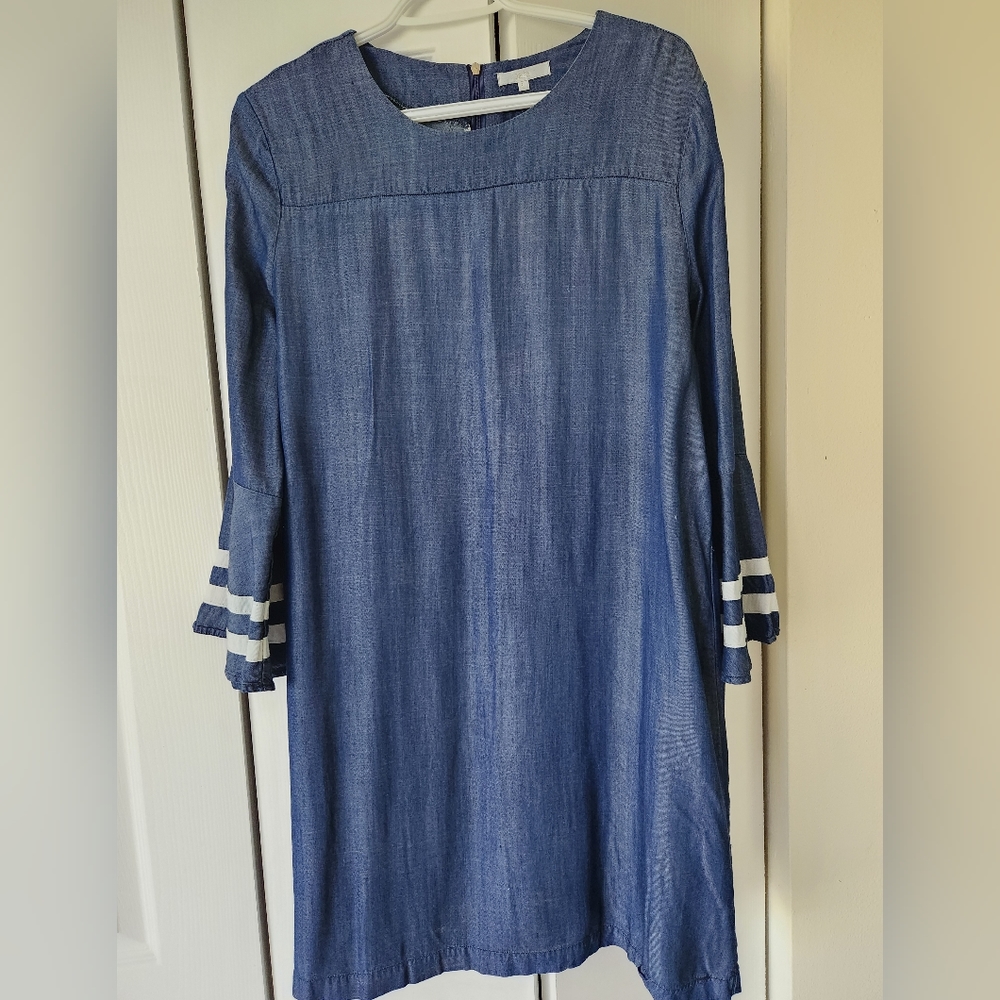 Blue Chambray Dress with Bell Sleeves - Picture 2 of 11